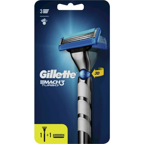 Gillette Mach 3 Turbo 3D Станок для бритья (ручка +2 кассеты) Джилет Мак 3 Турбо 3Д Бритвенный станок с лезвиями прочнее чем Сталь