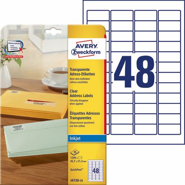 Прозрачные адресные этикетки Avery Zweckform [J4720-25] для струйных принтеров (45.7x21.2 мм, 1200 шт, 25 листов)