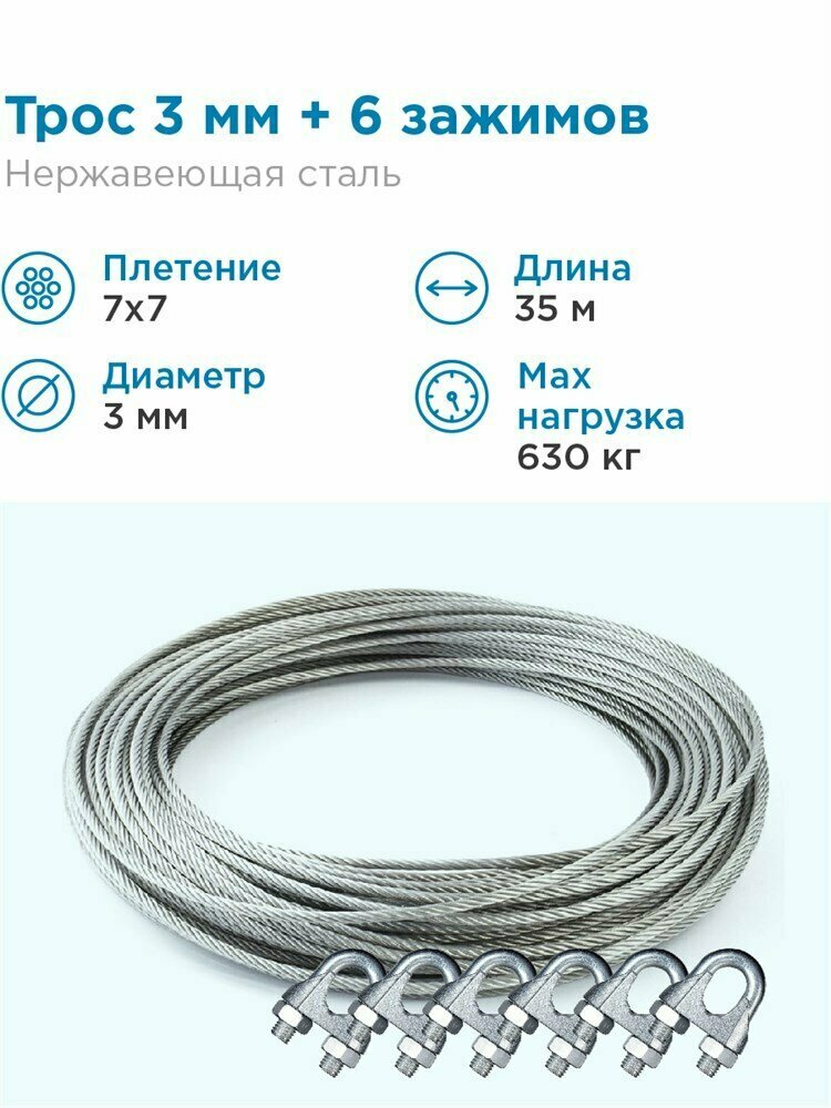 Гидротек Трос нержавеющая сталь 7x7 AISI 304, 3мм бухта 35 метров + зажим 3-4 мм 6шт.