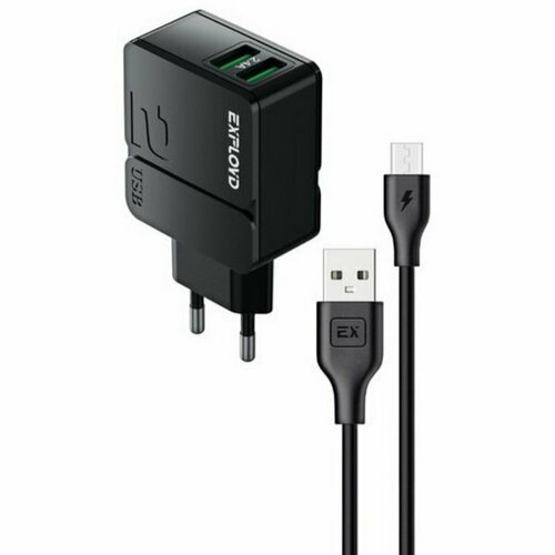 Сетевое зарядное устройство EX-Z-1440, 2 USB, 2.4 А, кабель microUSB, черное черный