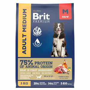 Фото Brit Premium Dog Adult Medium сухой корм для взрослых собак средних пород (10-25 кг), с индейкой и телятиной - 3 кг