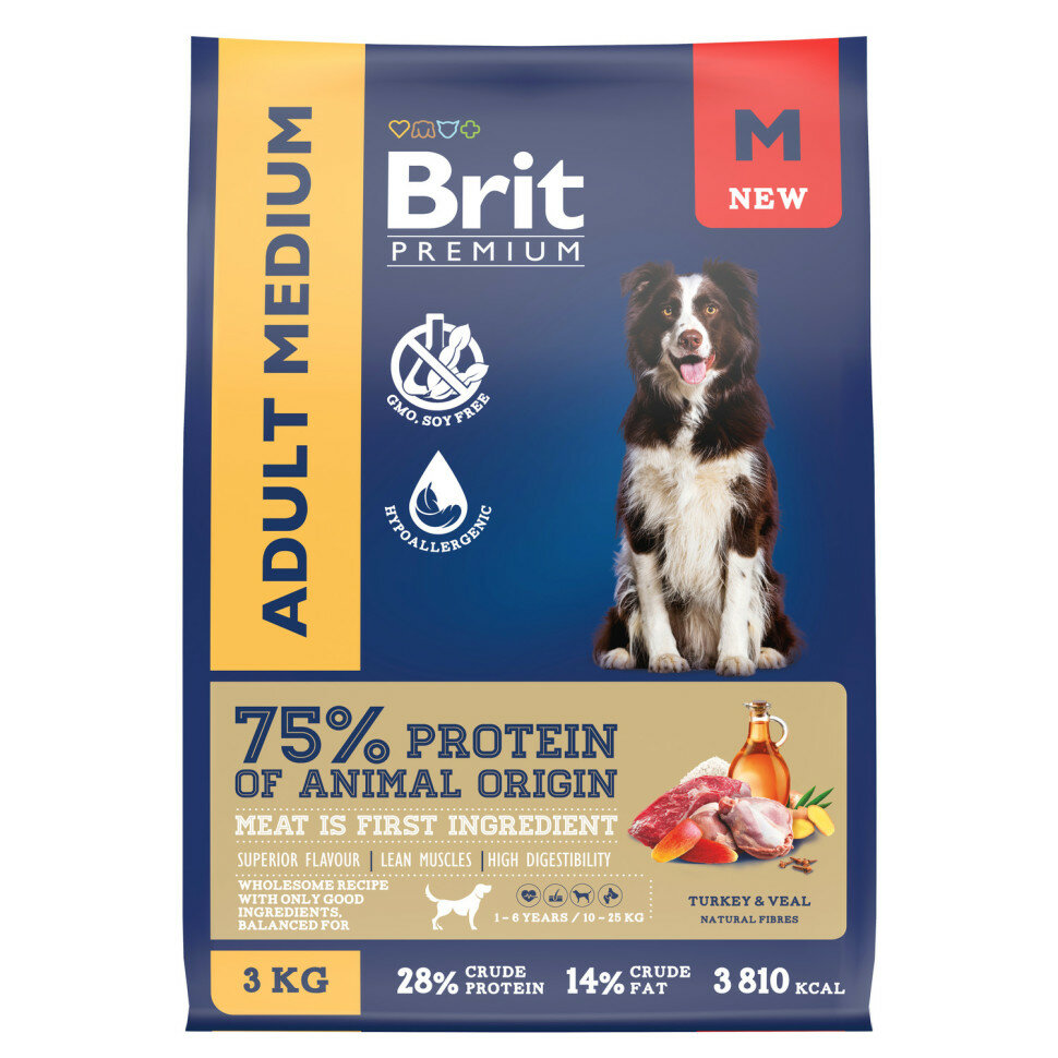 Brit Premium Dog Adult Medium сухой корм для взрослых собак средних пород (10-25 кг) с индейкой и телятиной - 3 кг