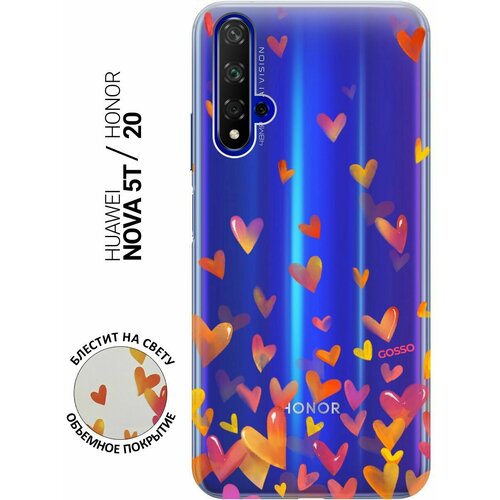 Силиконовый чехол на Honor 20, Huawei Nova 5T, Хонор 20, Хуавей Нова 5Т с 3D принтом Flying Hearts прозрачный чехол книжка на honor 20 pro хонор 20 про с 3d принтом flying hearts золотистый