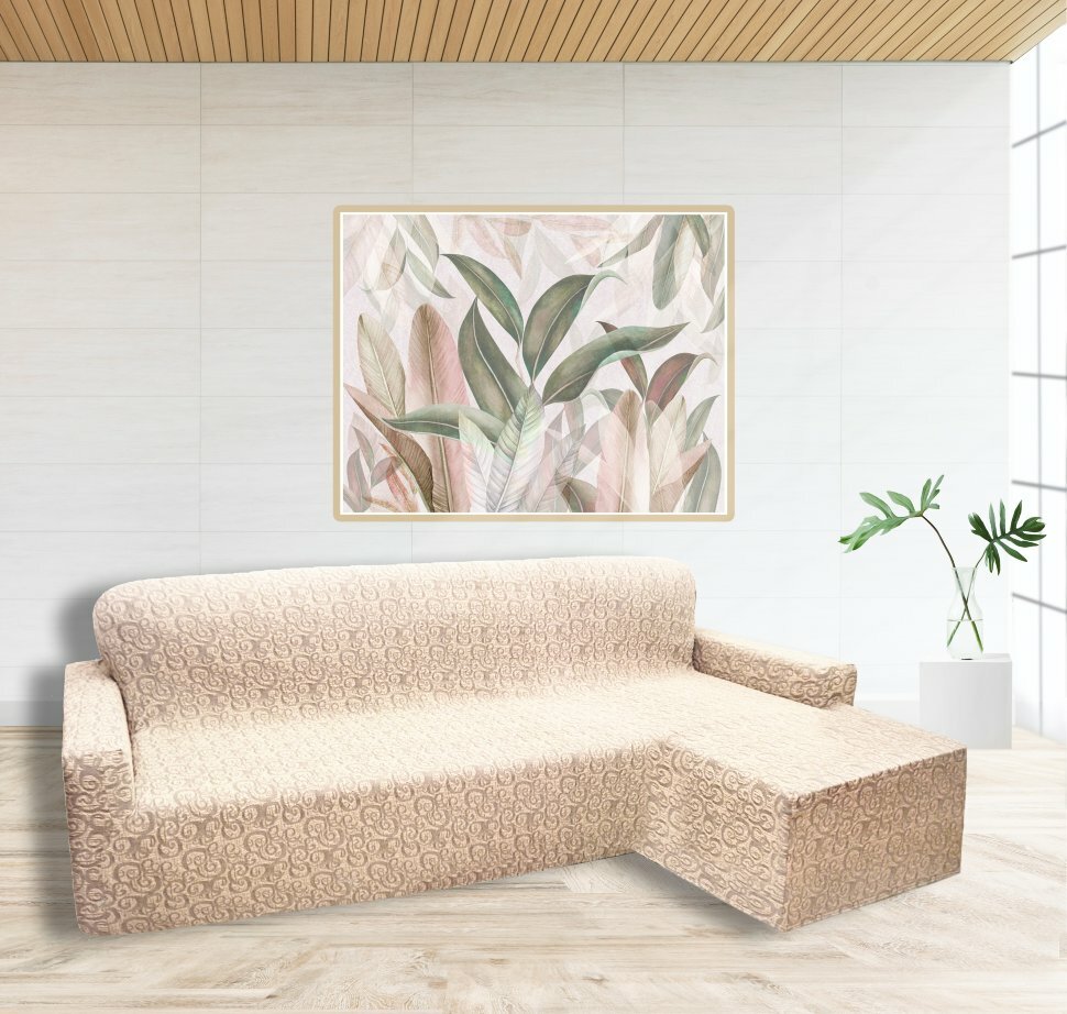 KARTEKS Чехол на угловой диван (правый угол) оттоманка Морена цвет: кремовый (240 см)