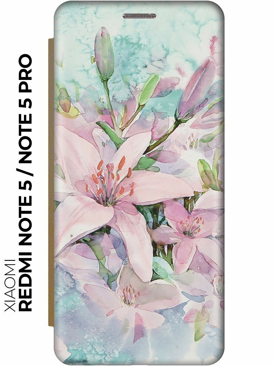 Чехол-книжка Нежные розовые цветы на Xiaomi Redmi Note 5 / Note 5 Pro / Сяоми Редми Ноут 5 / Ноут 5 Про золотой