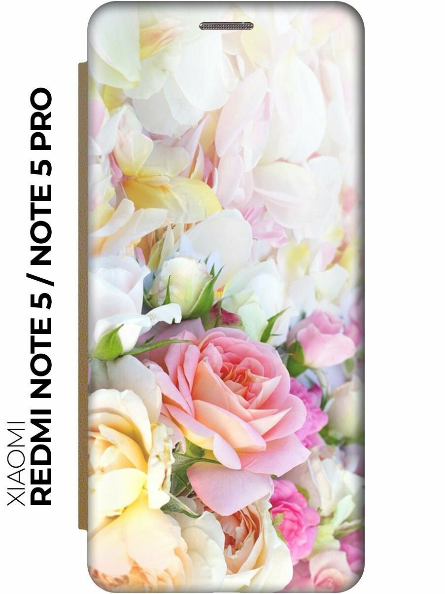 Чехол-книжка Нежные розы на Xiaomi Redmi Note 5 / Note 5 Pro / Сяоми Редми Ноут 5 / Ноут 5 Про золотой