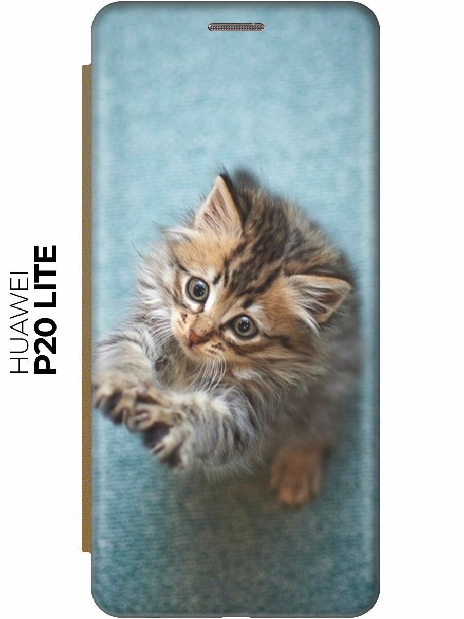 Чехол-книжка Котёнок на голубом на Huawei P20 Lite / Nova 3e / Хуавей П20 Лайт / Нова 3Е золотой