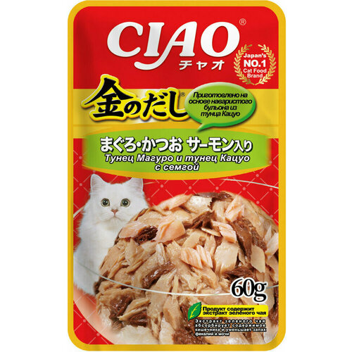 Inaba Ciao Kinnodashi влажный корм для взрослых кошек Тунец Магуро и Тунец Кацуо с семгой, в паучах - 60 г х 24 шт