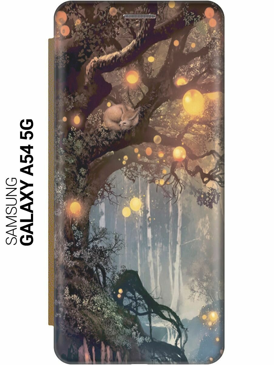 Чехол-книжка на Samsung Galaxy A54 5G, Самсунг А54 c принтом "Лиса на древе" золотистый
