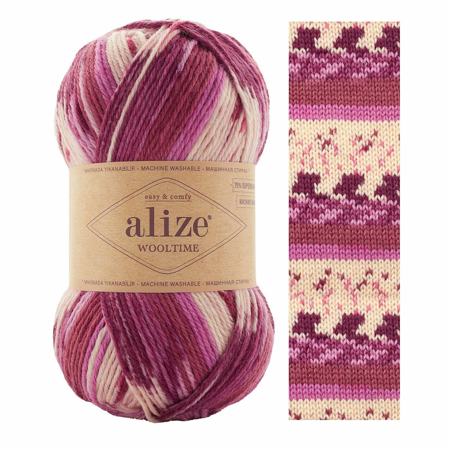 Пряжа Wooltime, Alize, т. розовый принт - 11020, 75% SW шерсть, 25% полиамид, 5 мотков, 100 г, 200 м.