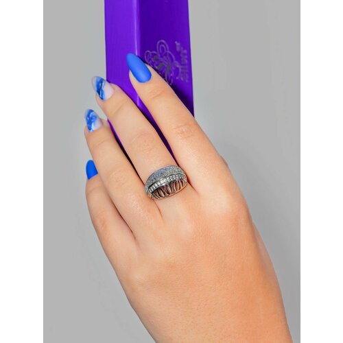 фото Кольцо l-silver, серебро, 925 проба, оксидирование, фианит, размер 17.5, серебряный, серый