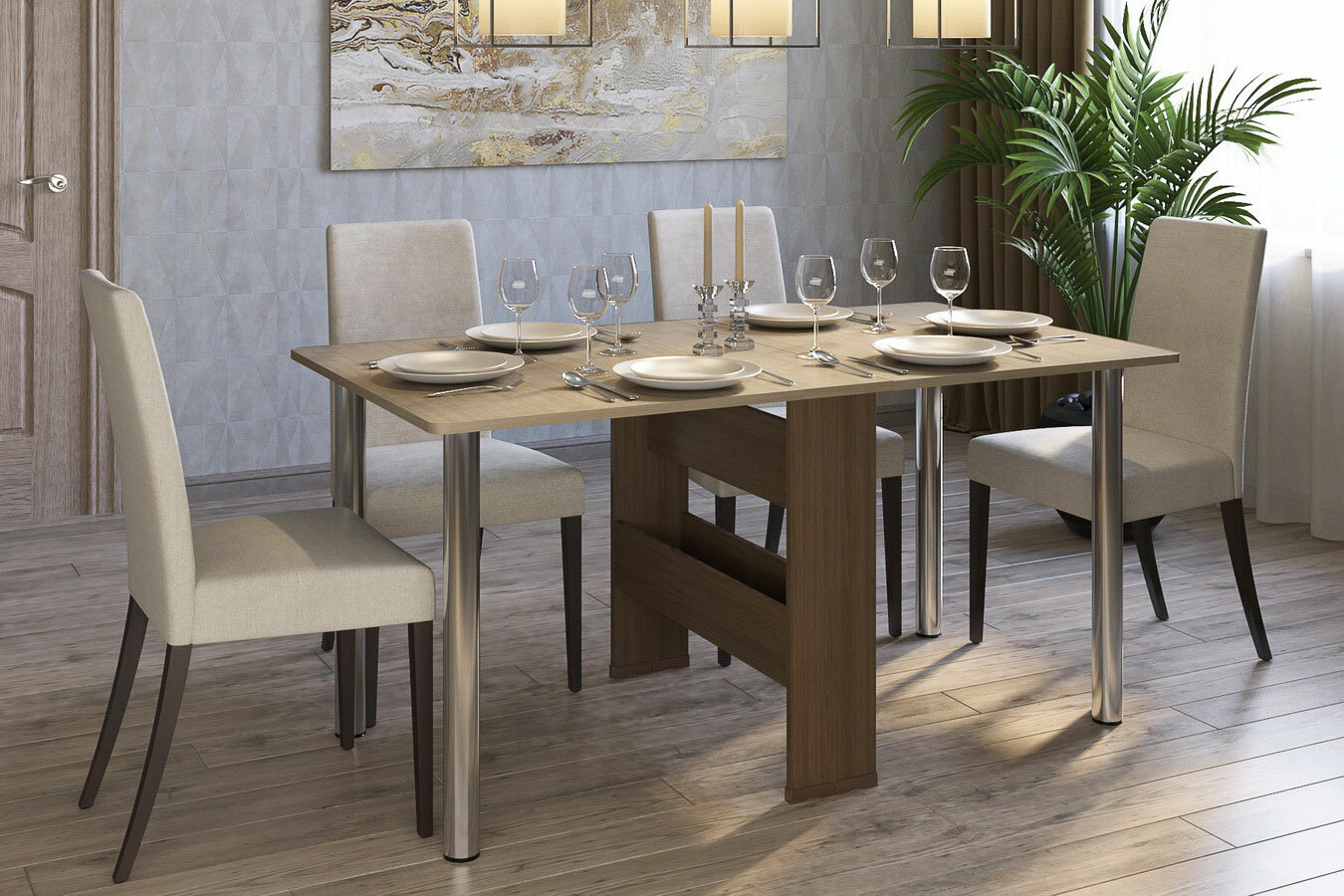 фото Стол-книжка 154,5 см с металлическими ножками и скругленной столешницей (цвет: ясень тёмный + ясень светлый)