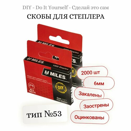 скобы тип 53 1000 шт 6 мм miles n3 06 d Скобы для степлера, тип №53, 6мм, DIY, закалены, оцинкованы 2000шт