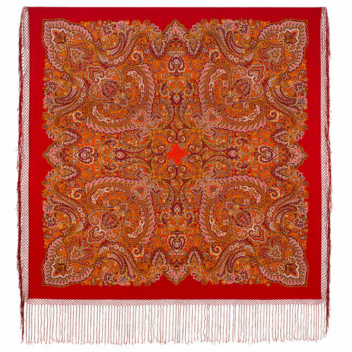 Платок Павловопосадская платочная мануфактура,148х148 см, красный, оранжевый