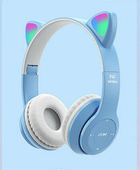 Наушники детские CAT EAR беспроводные со светящимися ушками, Cat Ear P47M, голубой
