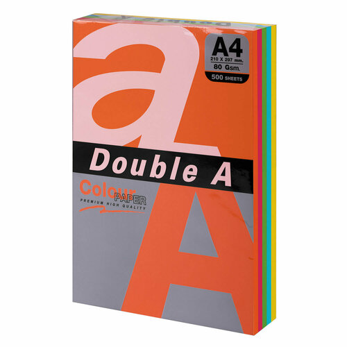 Бумага цветная DOUBLE A, А4, 80 г/м2, 500 л. (5 цветов x 100 листов), микс интенсив, 1шт. в комплекте