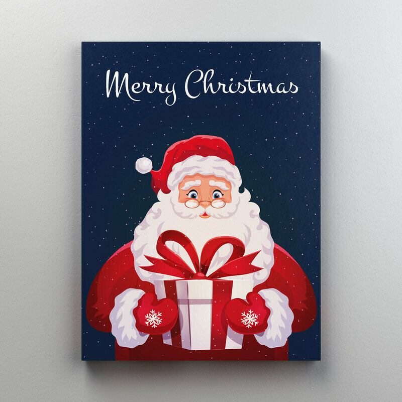 Интерьерная картина на холсте "Винтажный постер - Санта Клаус с подарком" размер 22x30 см