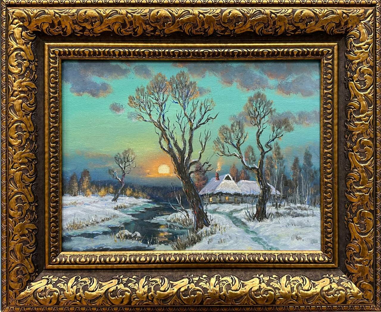 Картина маслом, зимний пейзаж "Вечереет"