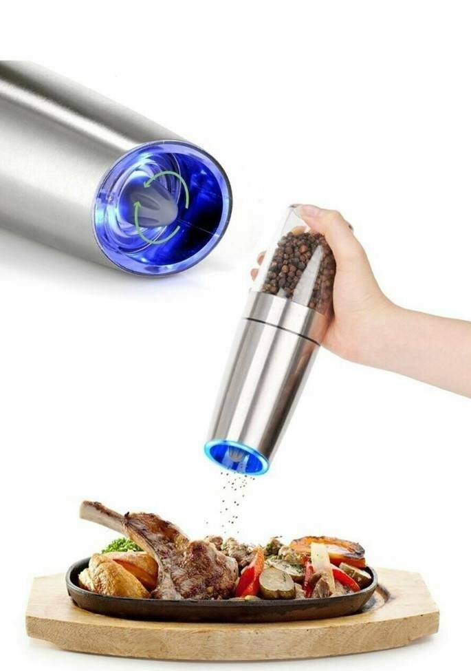 фото Электромельница для специй/ перцемолка гравитационная / Электромельница с подсветкой для соли серая