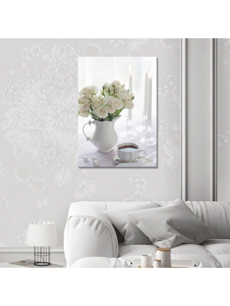 Картина на холсте с подрамником Чай белые розы 30х40