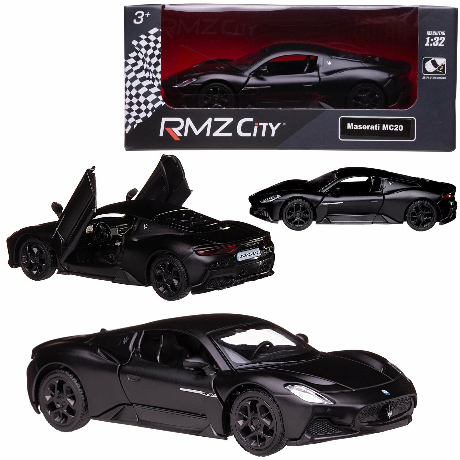 Машина металлическая RMZ City 1:32 Maserati MC 2020 инерционный механизм двери открываются черный матовый цвет.