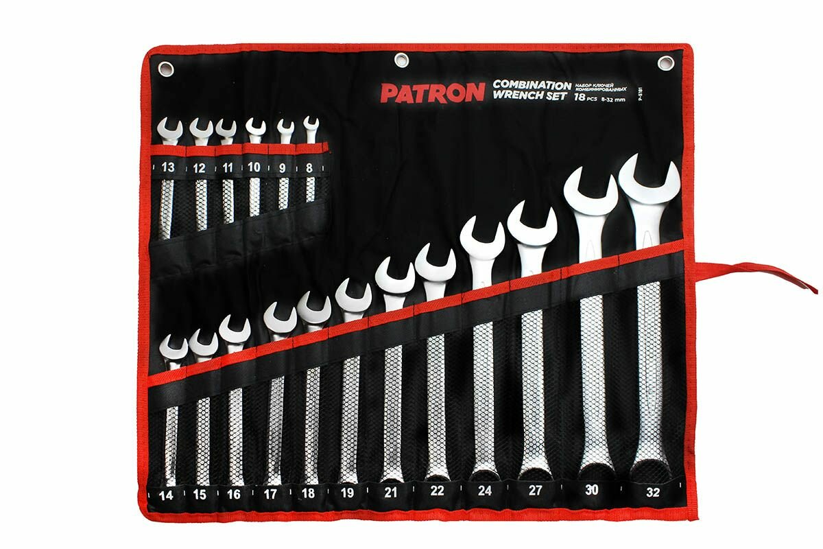 PATRON P-5181 Набор ключей комбинированных 18 пр: 8, 9, 10, 11, 12, 13, 14, 15, 16, 17, 18, 19, 21, 22, 24, 27, 30, 32 мм, на полотне
