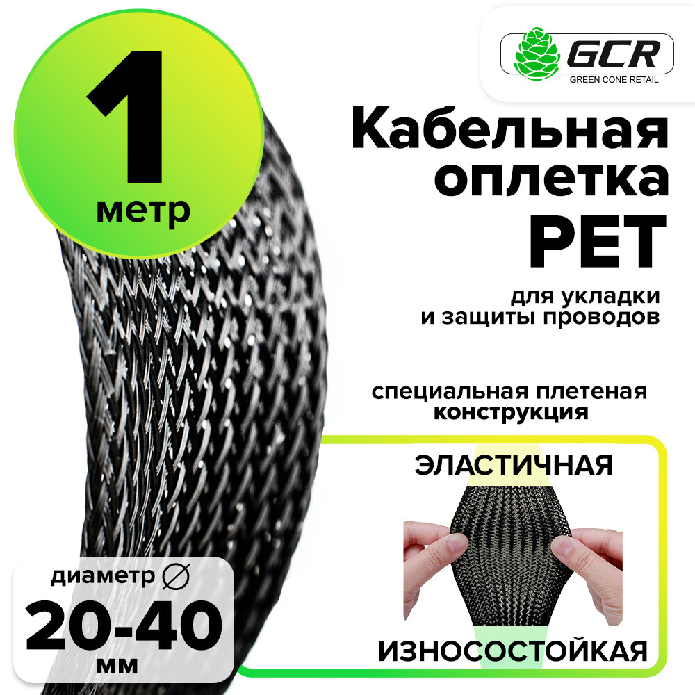 Защитная кабельная оплетка эластичная диаметр 20-40мм ПЭТ (GCR-BRAID) черный 1.0м