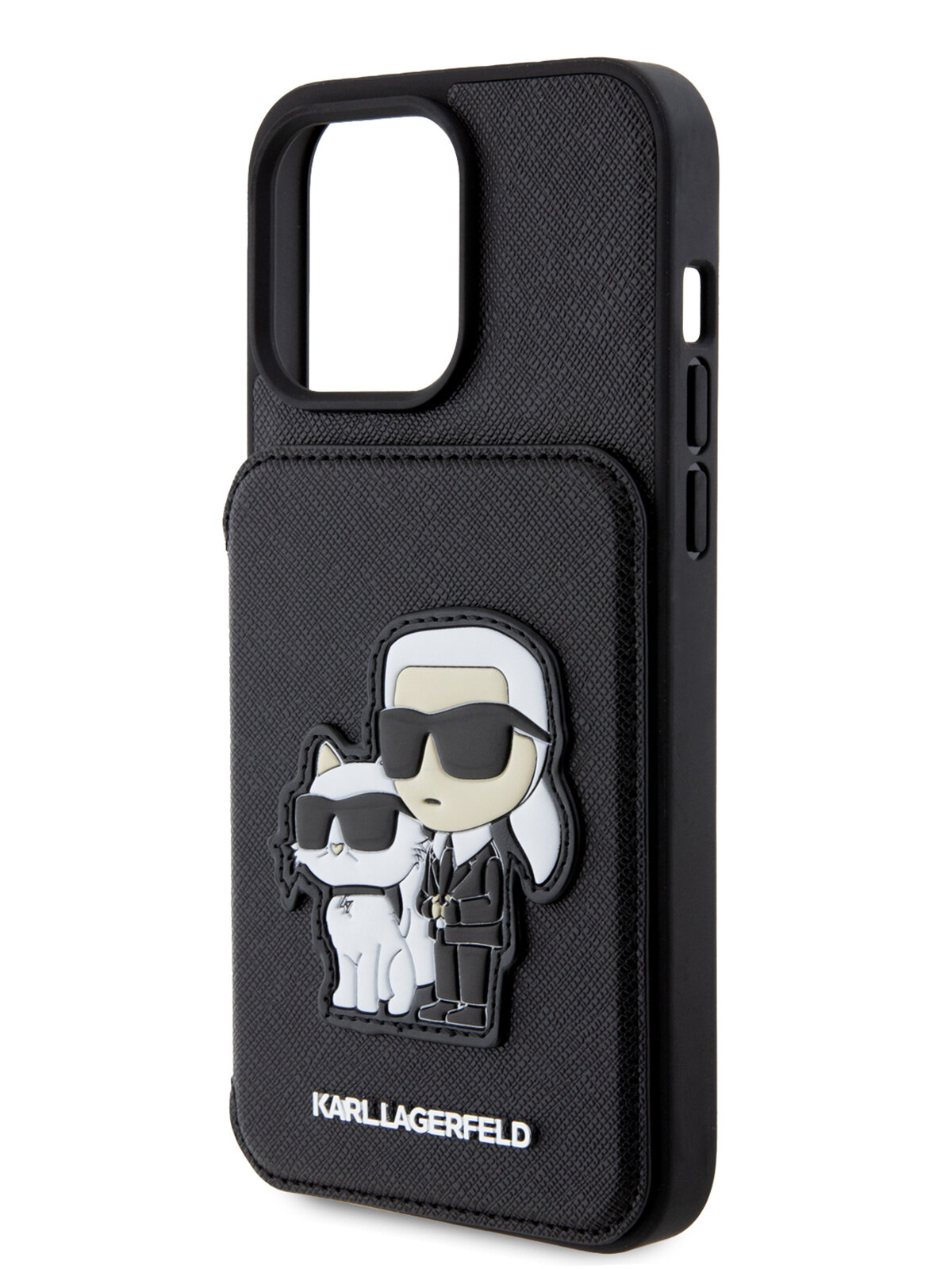 Lagerfeld для iPhone 15 Pro Max чехол Cardslot Stand PU Saffiano NFT Karl & Choupette Hard Black