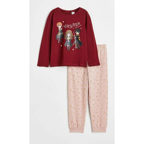 Пижама H&M, брюки, свитшот, брюки с манжетами, без капюшона, пояс на резинке, размер 110/116 (4-6 лет), розовый, бордовый