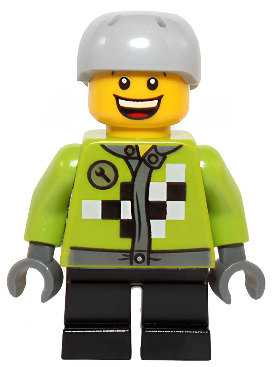 Минифигурка LEGO Lime Jacket with Wrench and Black and White Checkered Pattern, Short Black Legs, Sports Helmet with Vent Holes hol073 U