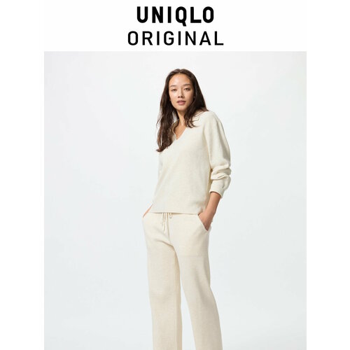 фото Брюки трубы uniqlo washable knit ribbed pants, размер s, молочный