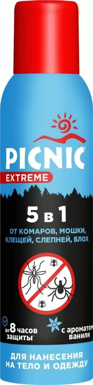 Картинки Средство от комаров, мошки, клещей, слепней, блох Пикник Extreme 5 в 1, аэрозоль - 150мл