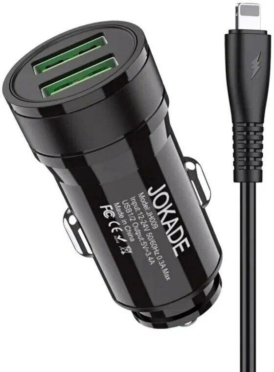 Автомобильное зарядное устройство на Lightning Jokade JH010 (black), с двумя портами, 3.4 А, с кабелем 1м.