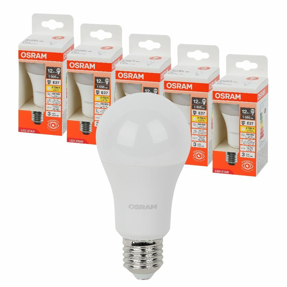 Лампочки светодиодные OSRAM LED Star 1055лм 12Вт 2700К теплый свет цоколь E27 5 штук
