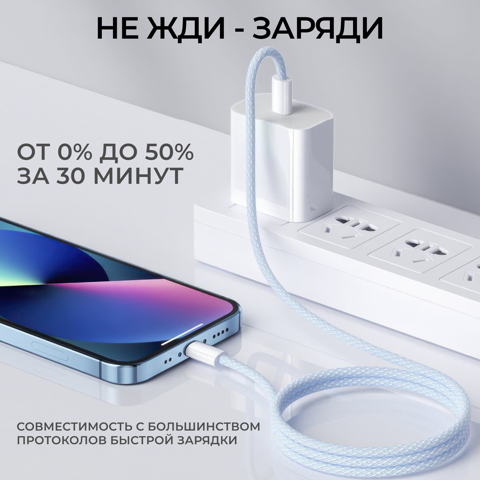 Кабель Type-C - Type-C 60W 2 метра для зарядки телефона / Фиолетовый / Провод type c быстрая зарядка для iPhone 15,16, Samsung, Xiaomi и других устройств с разъемом тайп си — фото 1