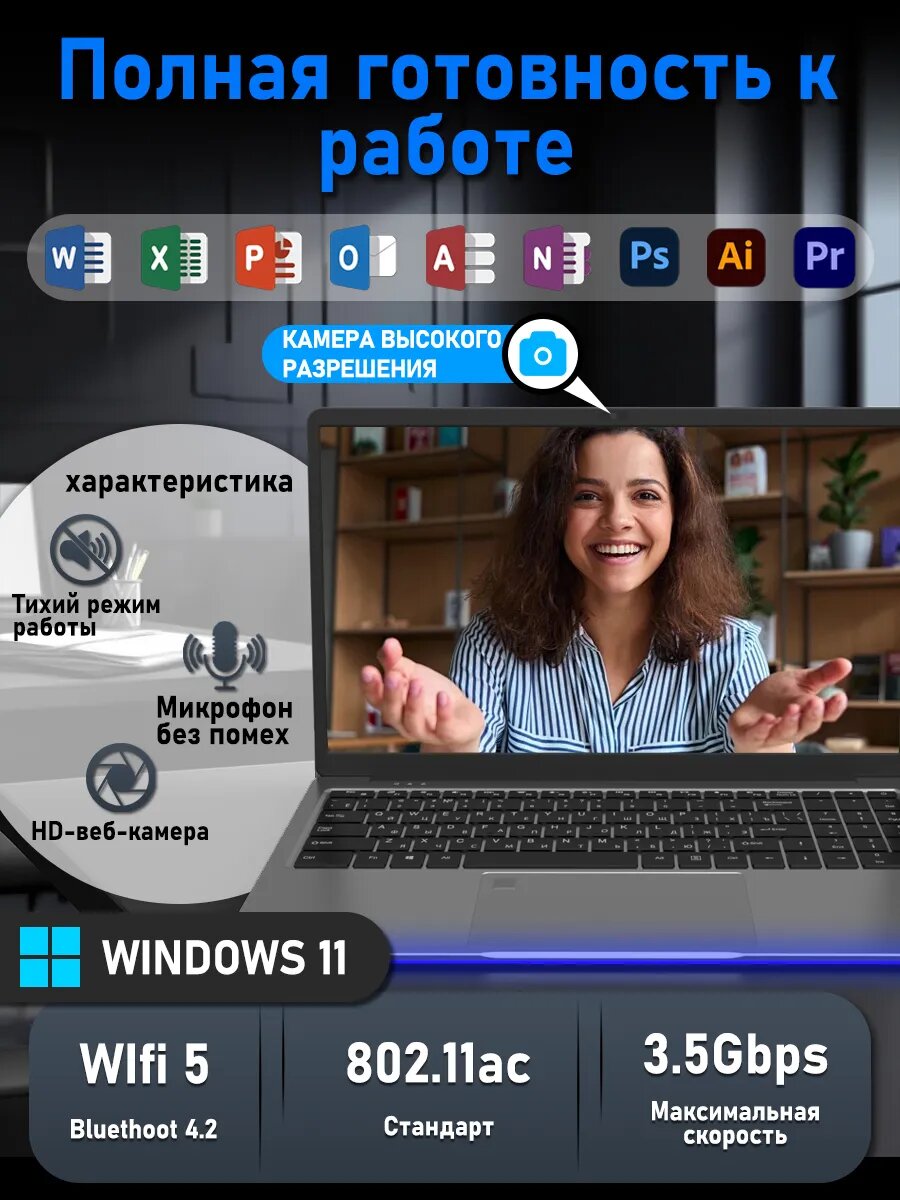 Ноутбук для работы и учебы 15,6" FHD IPS, Intel N95, RAM 16GB DDR4, SSD 1TB, Неоновая подсветка, Цвет: GREY — фото 1