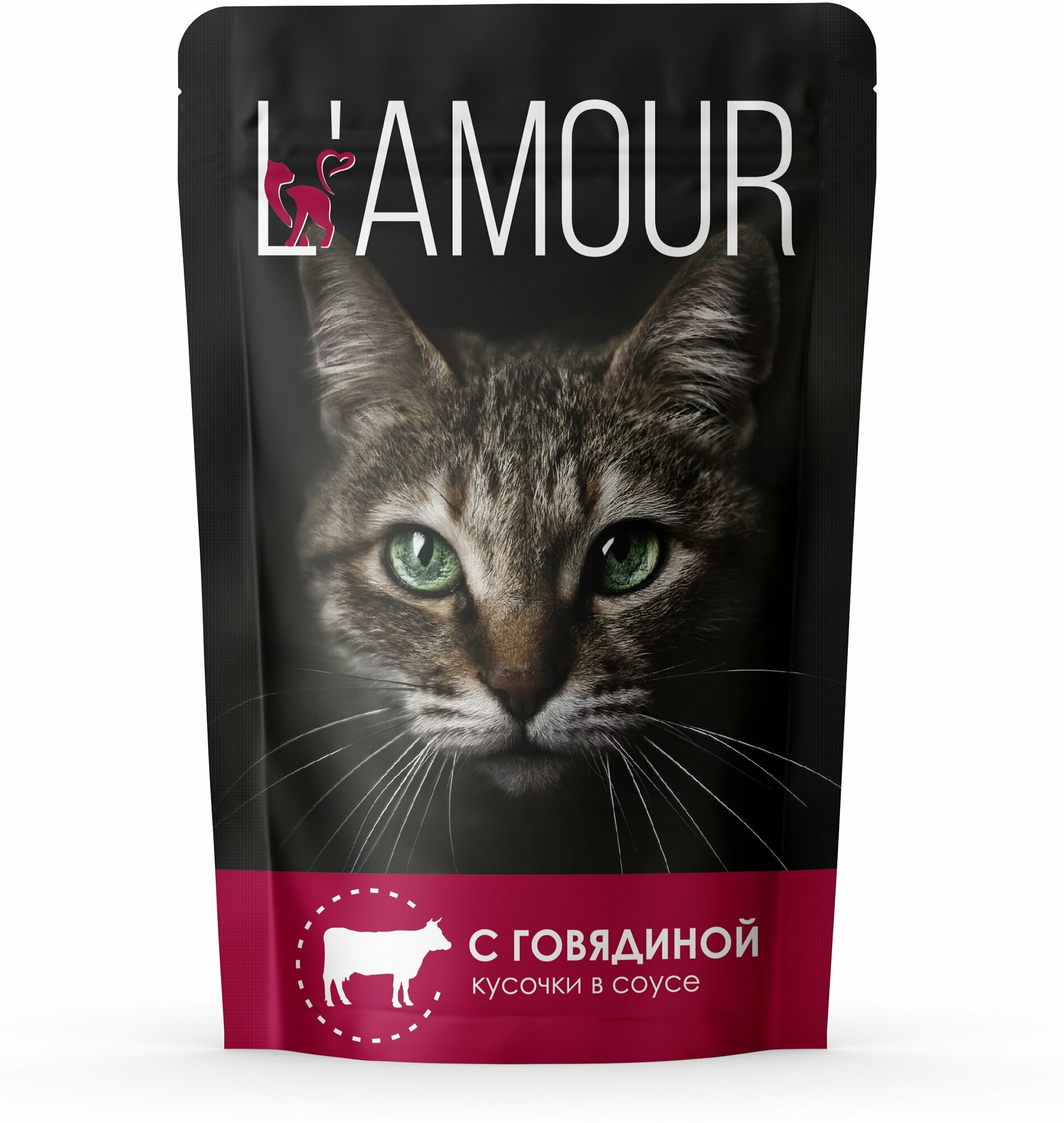 Корм консервированный для кошек L'Amour, с говядиной, кусочки в соусе, пауч, 75г, 28шт — фото 1