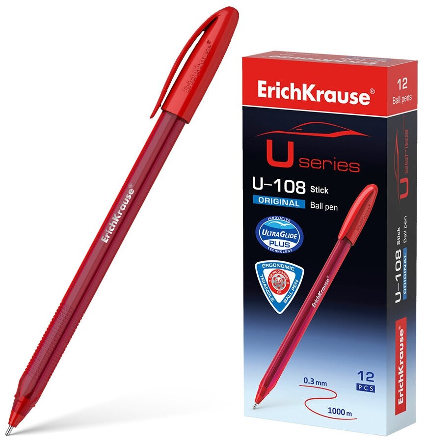 Ручка шариковая ErichKrause® U-108 Original Stick 1.0, Ultra Glide Technology, красная, 12 шт.