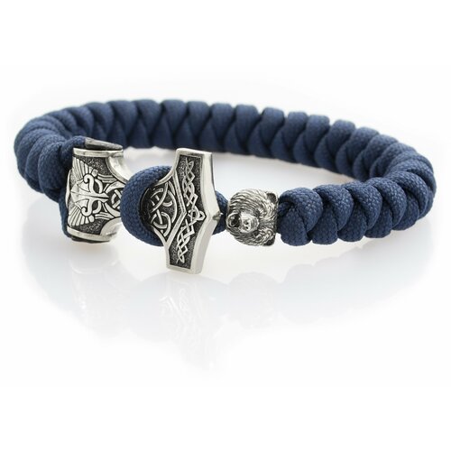 фото Браслет мужской из синего паракорда с молотом тора и головой медведя из мельхиор сила и отвага markstone