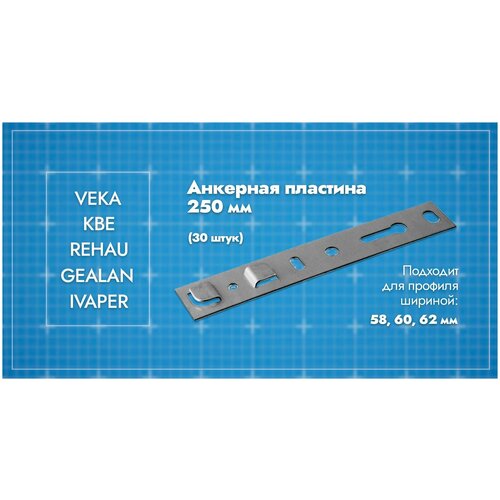 Анкерная пластина для окон VEKA, длина 250мм. 30 шт. Металл 1,5мм. Подходит для окон VEKA 58 и других. Пластина перфорированная.