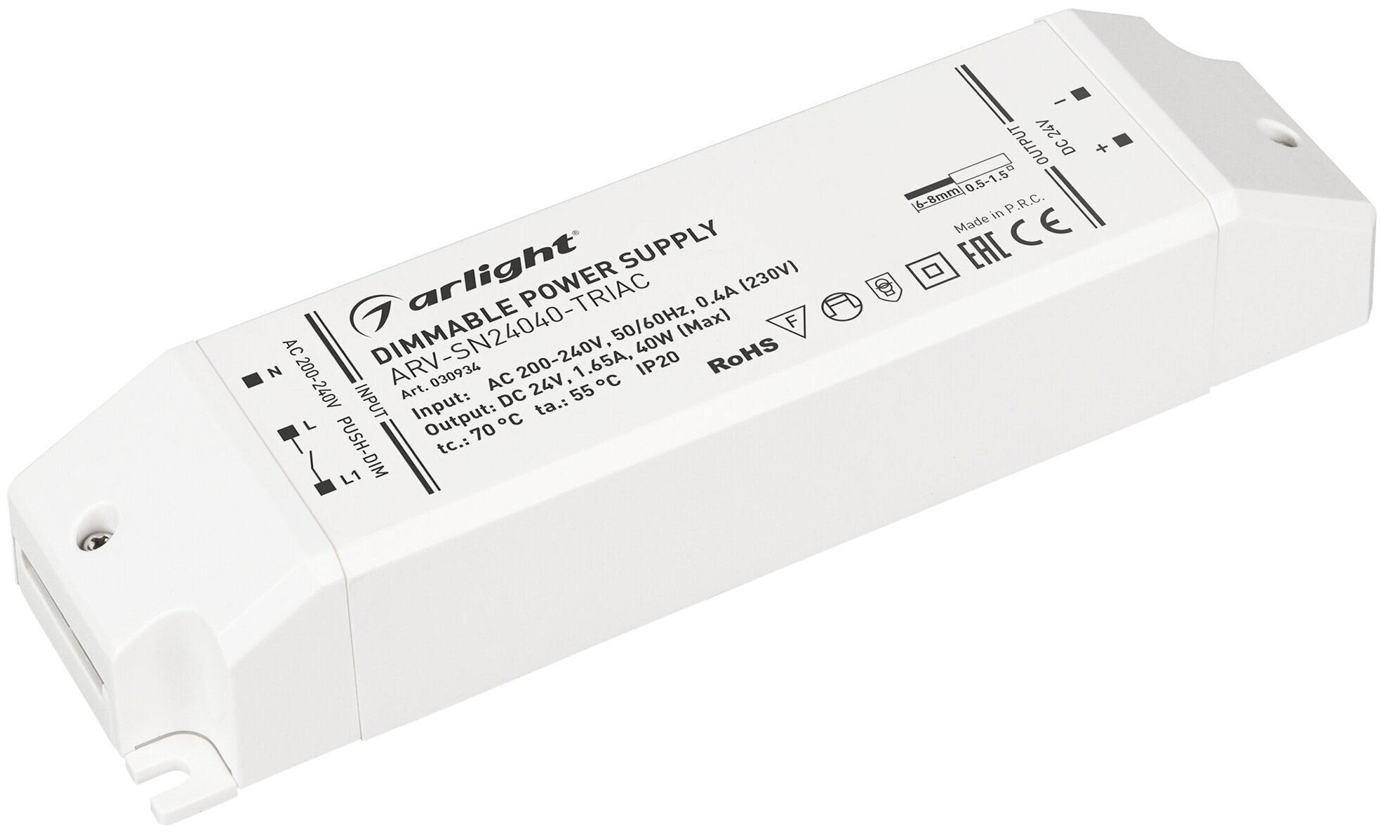 Блок питания ARV-SN24040-TRIAC (24V, 1.65A, 40W) (Arlight, IP20 Пластик, 3 года) Артикул 030934