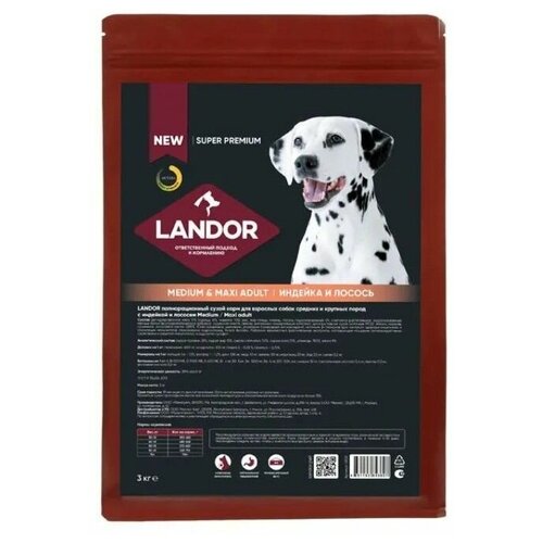 Полнорационный сухой корм LANDOR для взрослых собак cредних и крупных пород c индейкой и лососем, 3кг