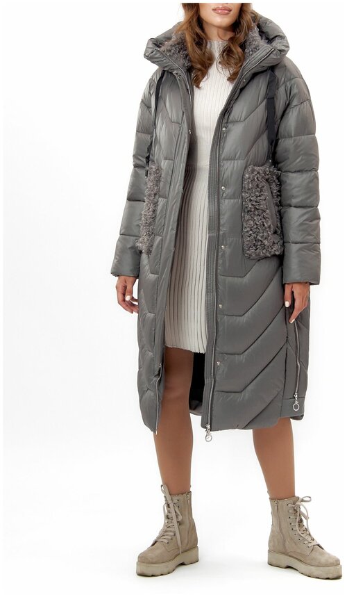 Пальто-халат  зимнее, силуэт прямой, удлиненное, размер 46, черный
