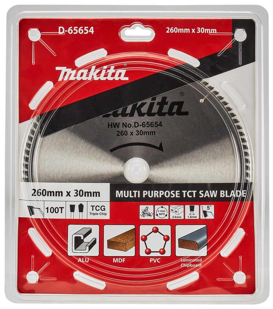 Пильный диск Makita универсальный для алюминия/дерева/пластика, 260x30x2.6/1.8x100T , D-65654 - фотография № 3