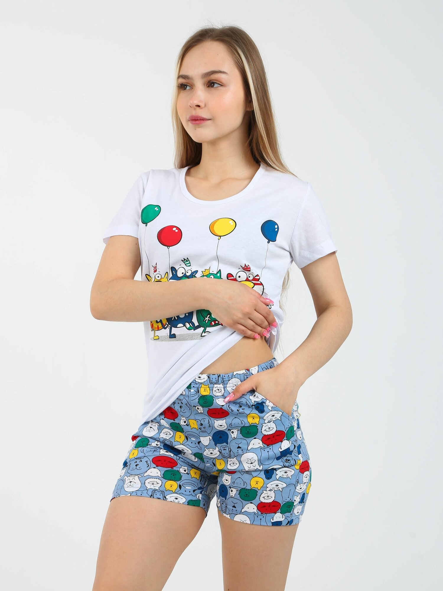 пижама женская Коты с цветными шариками 50р - фотография № 8
