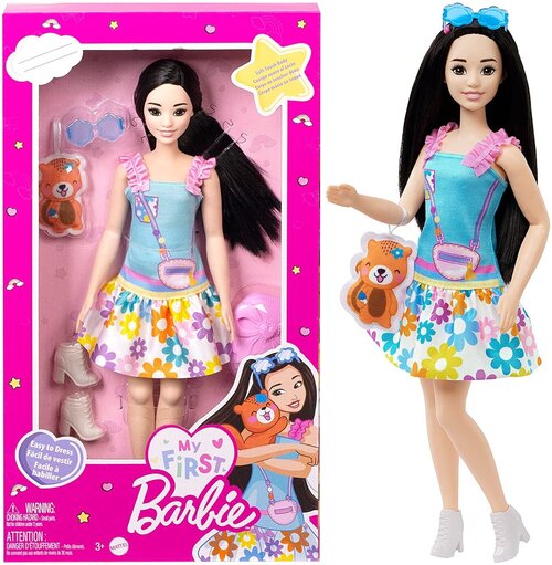 Кукла Барби 35 см коллекция My First Barbie, мягкое подвижное тело, черные волосы, аксессуары