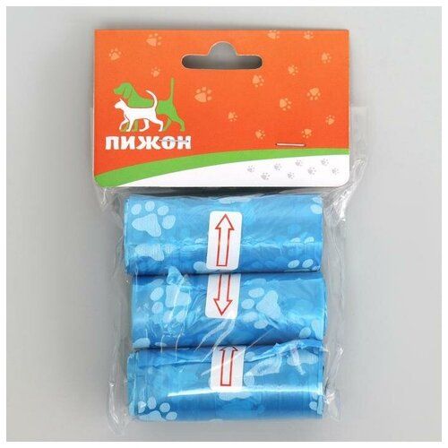 Пакеты для уборки за собаками с печатью (3 рулона по 15 пакетов 29х21 см), синие