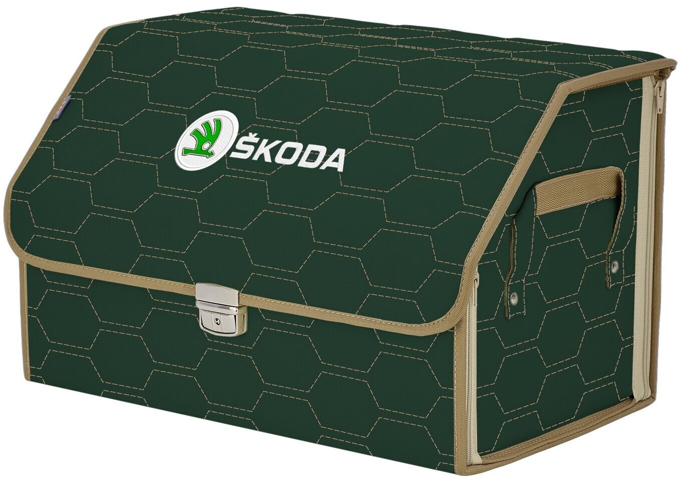 Органайзер-саквояж в багажник "Союз Премиум" (размер L). Цвет: зеленый с бежевой прострочкой Соты и вышивкой Skoda (Шкода).