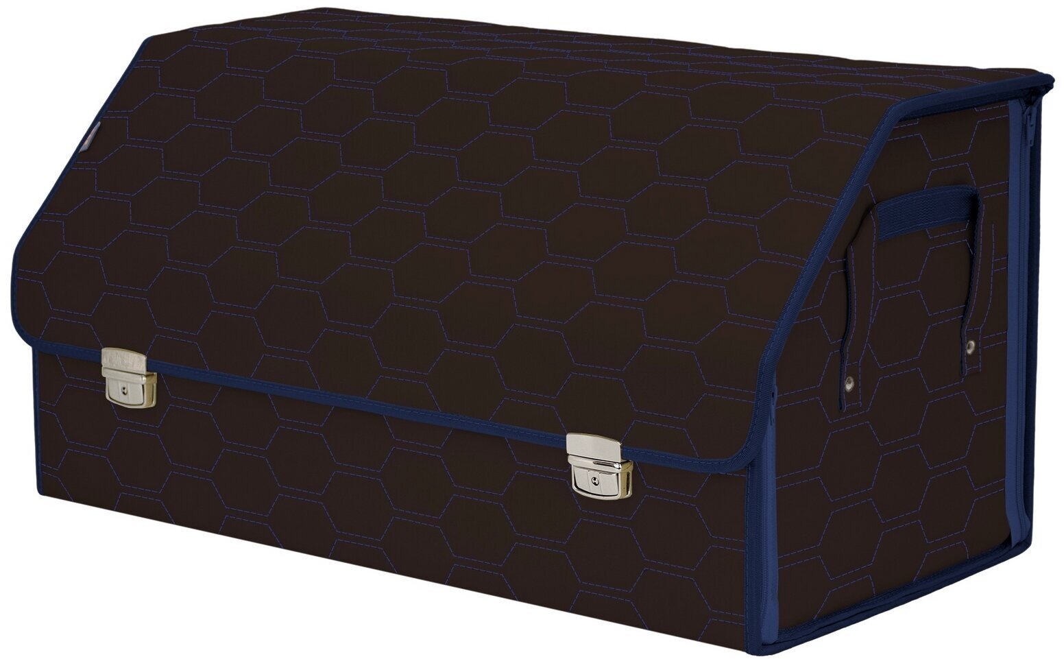 Органайзер-саквояж в багажник "Союз Премиум" (размер XL Plus). Цвет: коричневый с синей прострочкой Соты.