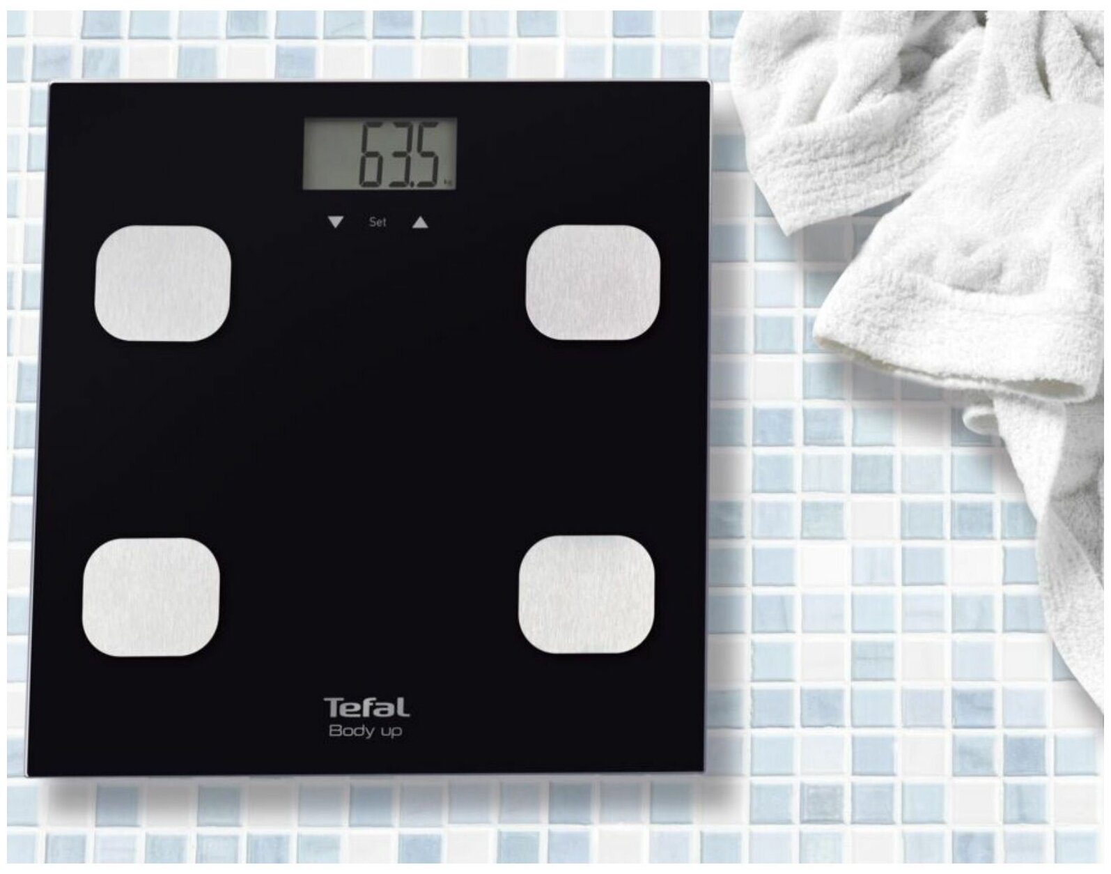 Напольные весы Tefal Body Up BM2521V0, черный, максимальный вес 150 кг, цифровой дисплей, автовключение, до 8 пользователей, весы отображают вес, процент жировой массы и индекс массы тела - фотография № 6